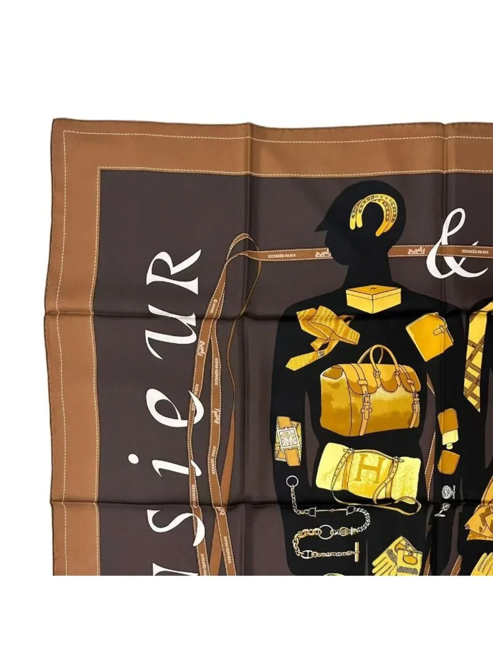 Hermes Scarf Carre 90 Monsieur Et Madame & All Over Print Brown